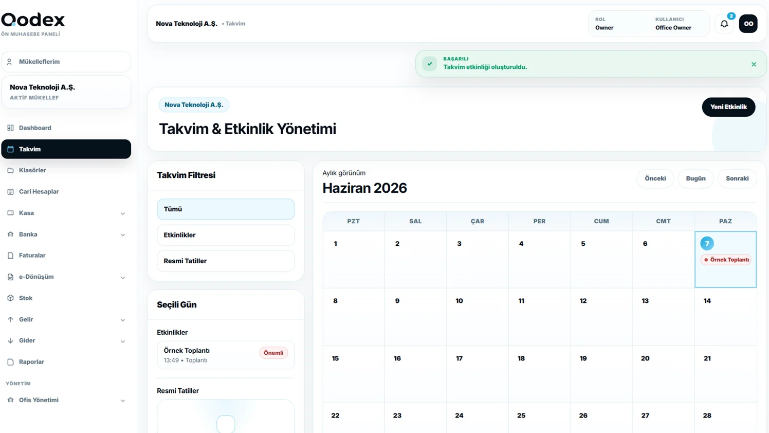 Qodex takvim ve hatırlatma ekranı